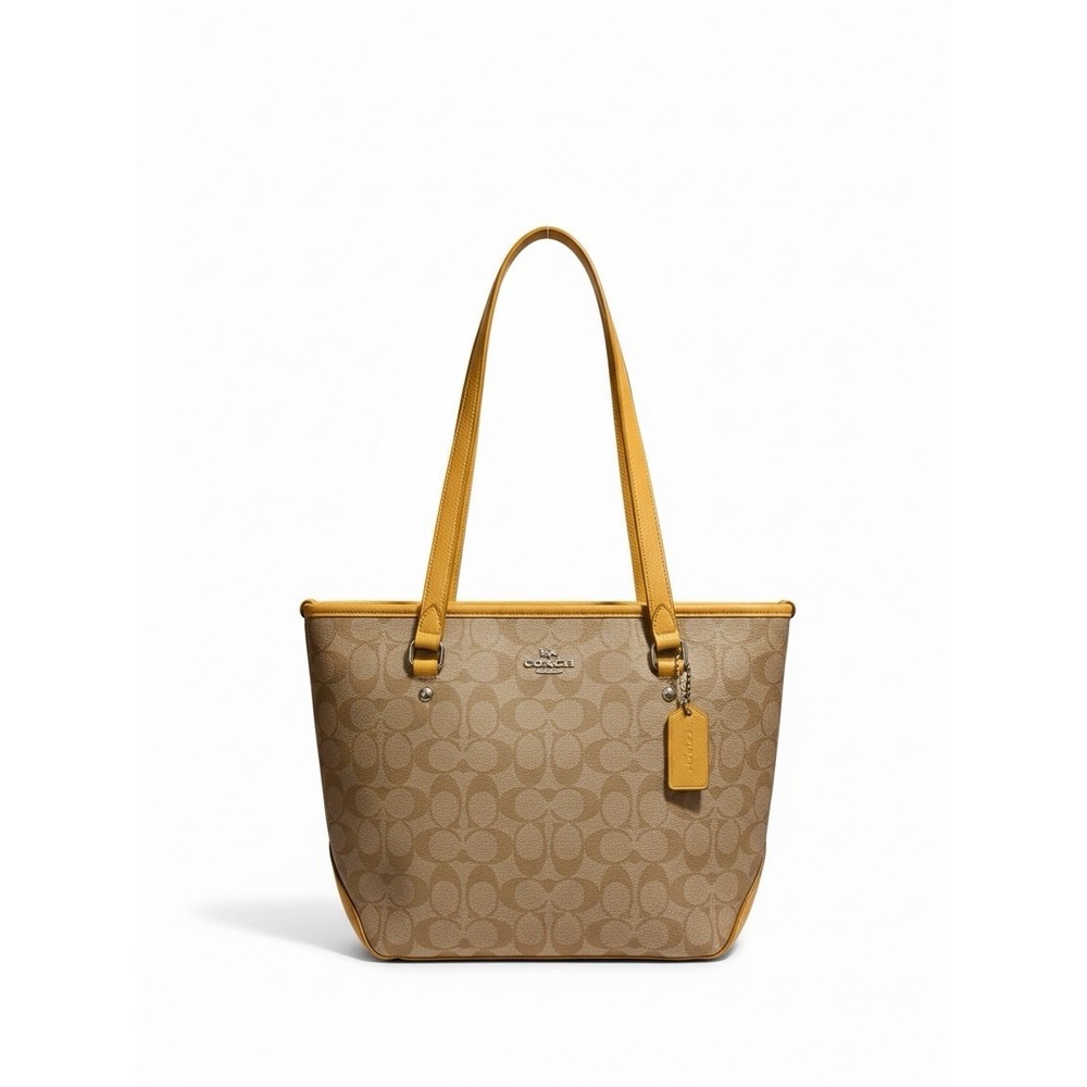 Coach Signature Zip Top Tote Light Khaki/Canary Beige Yellow Silver